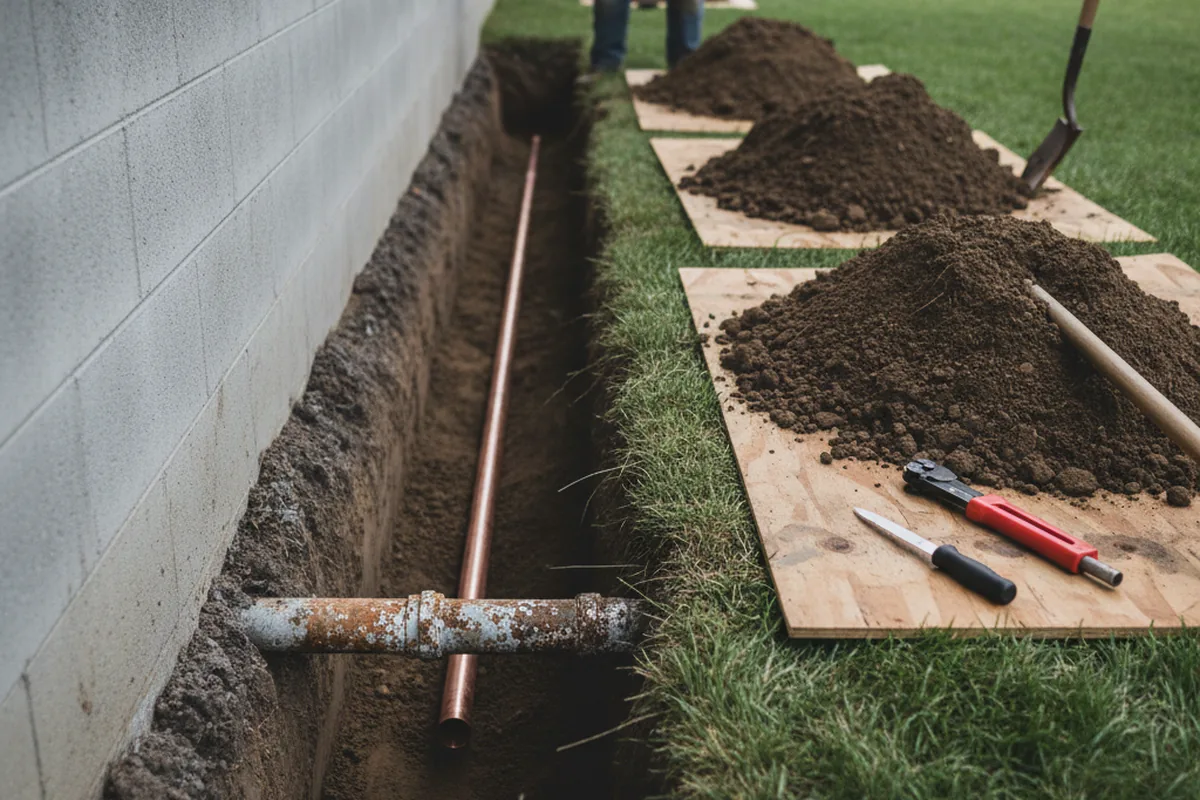 Excavated water line trench during Water Heater Repair in Waynesville